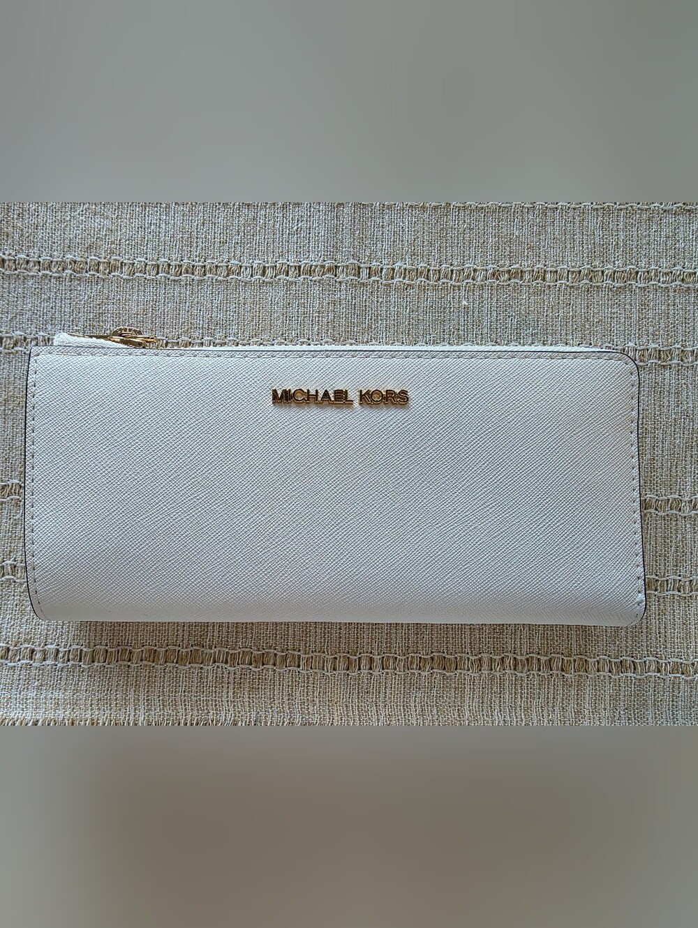 Michael Kors White Saffiano Zip-Around Continental Wallet with Gold Logo